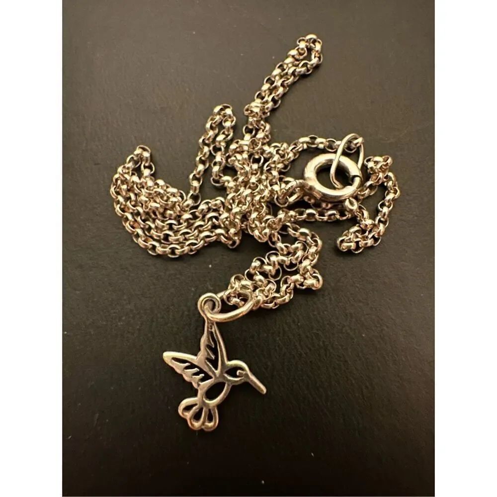 Sterling Silver Rolo Chain With Hummingbird Open Work Charm Pendant Necklace 14"